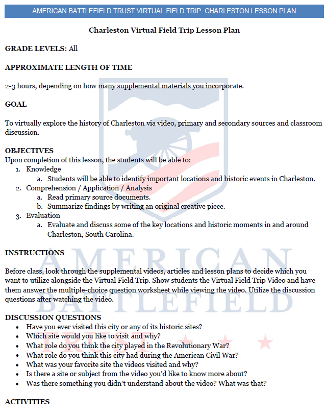 Charleston Virtual Field Trip Lesson Plan Guide